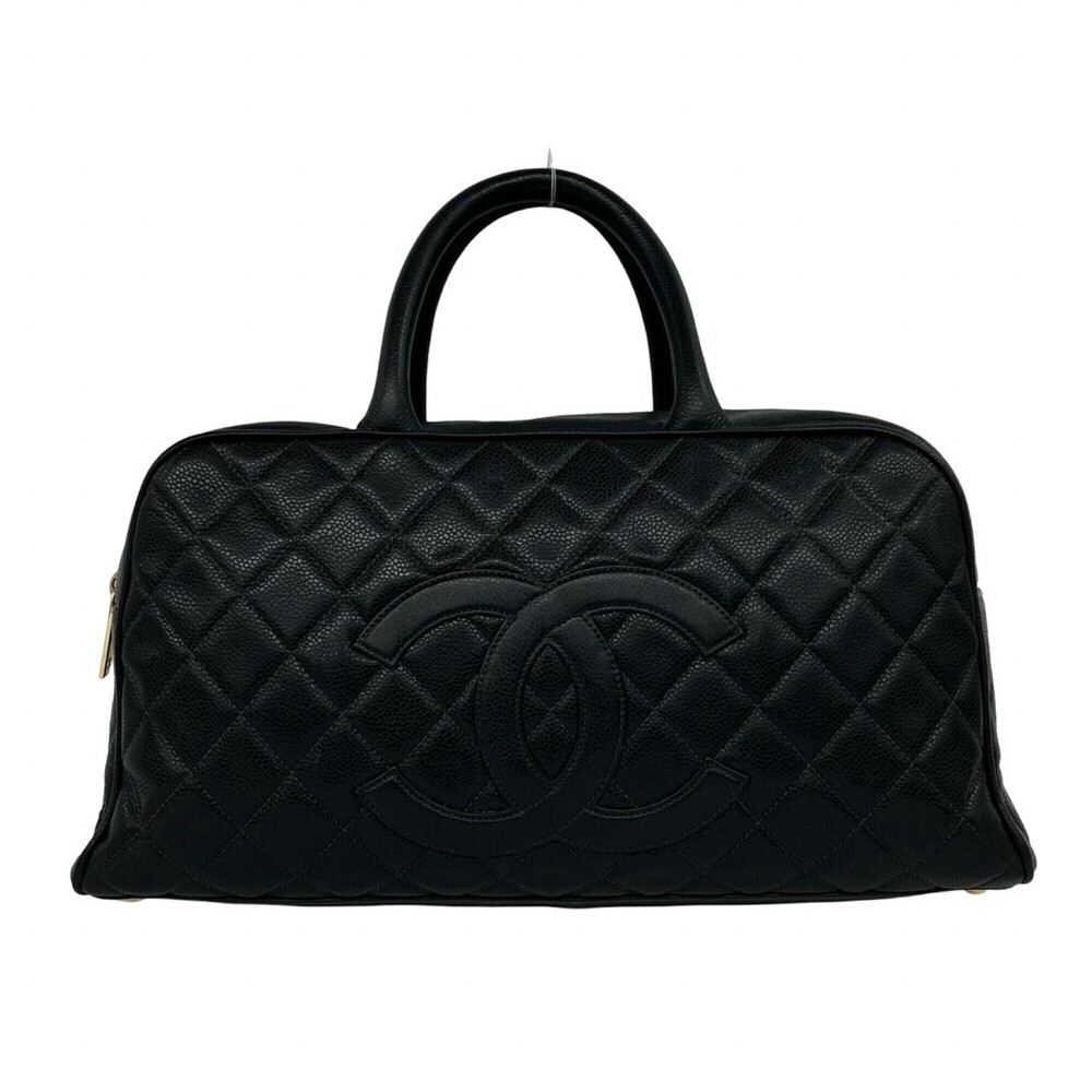 CHANEL Matelassé Coco Mark Caviar Skin Handbag Mini Boston Bag Black 84088